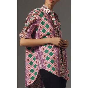 Mille Sofia Button Down Blouse Multicolor Geo Print Pure Cotton Womens Small